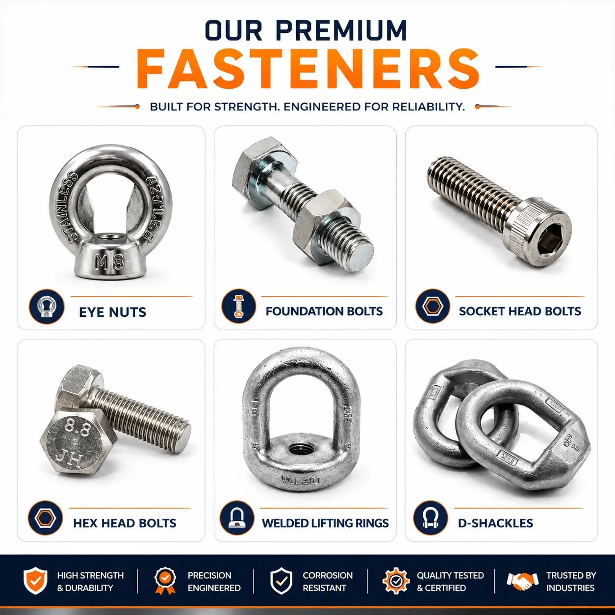 Premium industrial eye nuts, foundation bolts, socket head bolts, hex bolts, lifting rings and D shackles